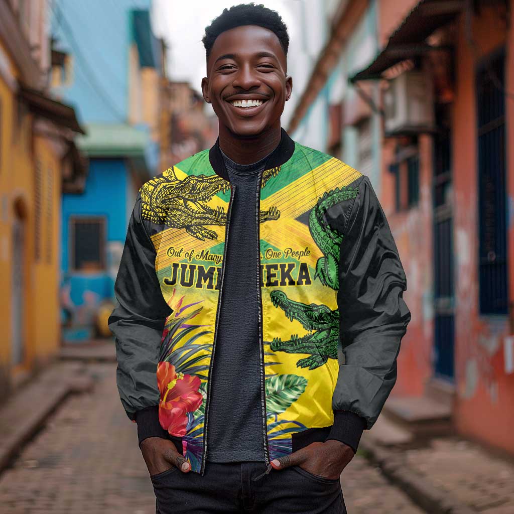 Personalized Black Jamaicans Crocodile Bomber Jacket Tropical Flowers Grunge Flag - African Pride
