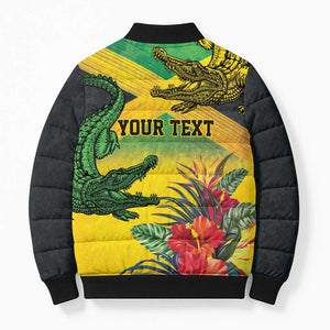 Personalized Black Jamaicans Crocodile Bomber Puffer Jacket Tropical Flowers Grunge Flag