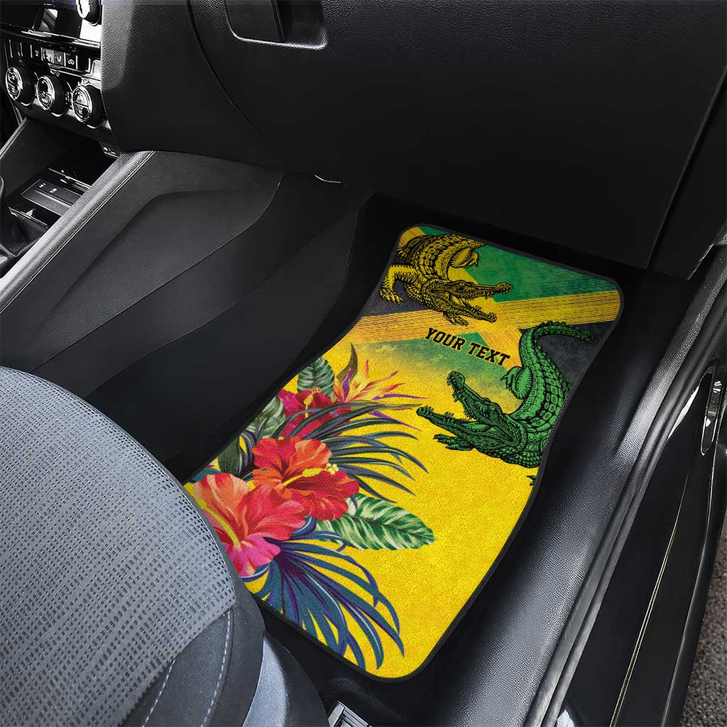Personalized Black Jamaicans Crocodile Car Mats Tropical Flowers Grunge Flag - African Pride