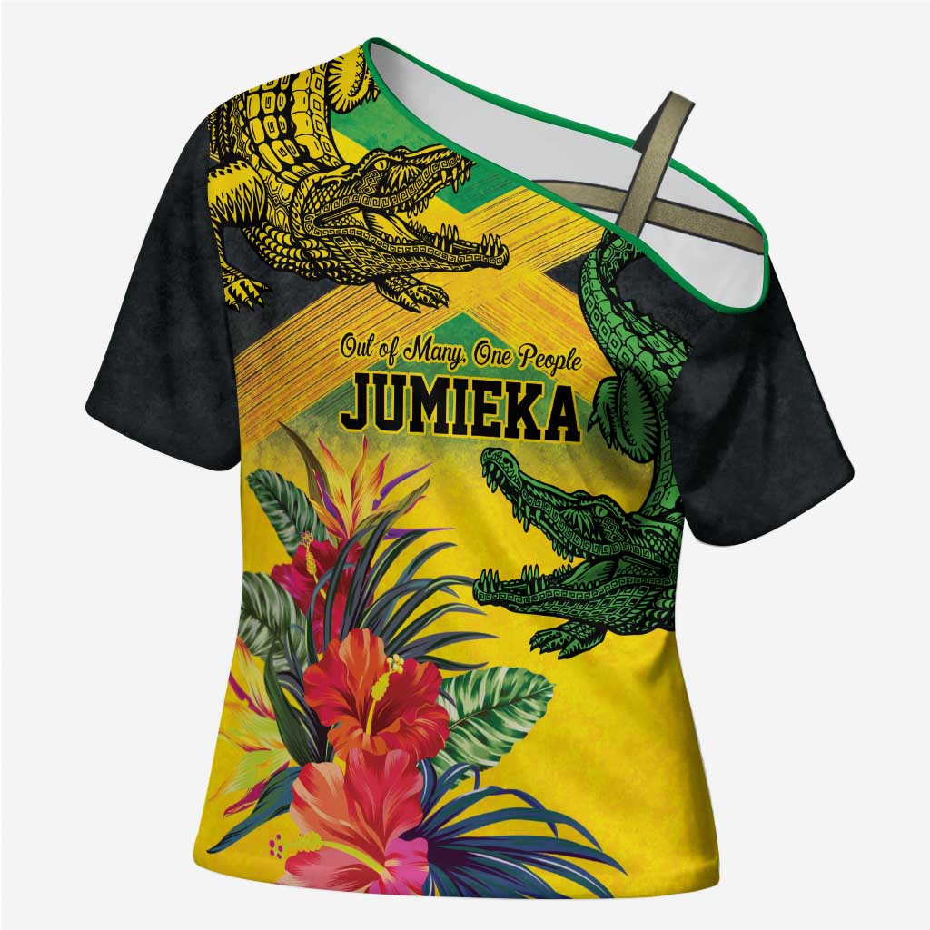Personalized Black Jamaicans Crocodile Cross Shoulder Shirt Tropical Flowers Grunge Flag