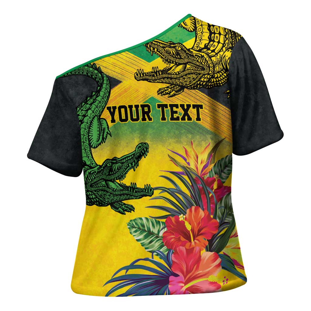 Personalized Black Jamaicans Crocodile Cross Shoulder Shirt Tropical Flowers Grunge Flag