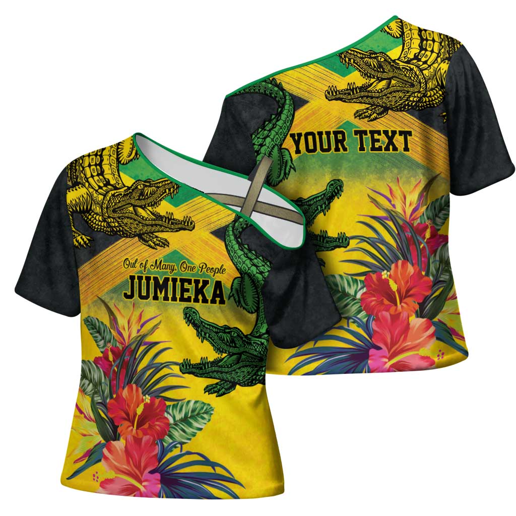 Personalized Black Jamaicans Crocodile Cross Shoulder Shirt Tropical Flowers Grunge Flag