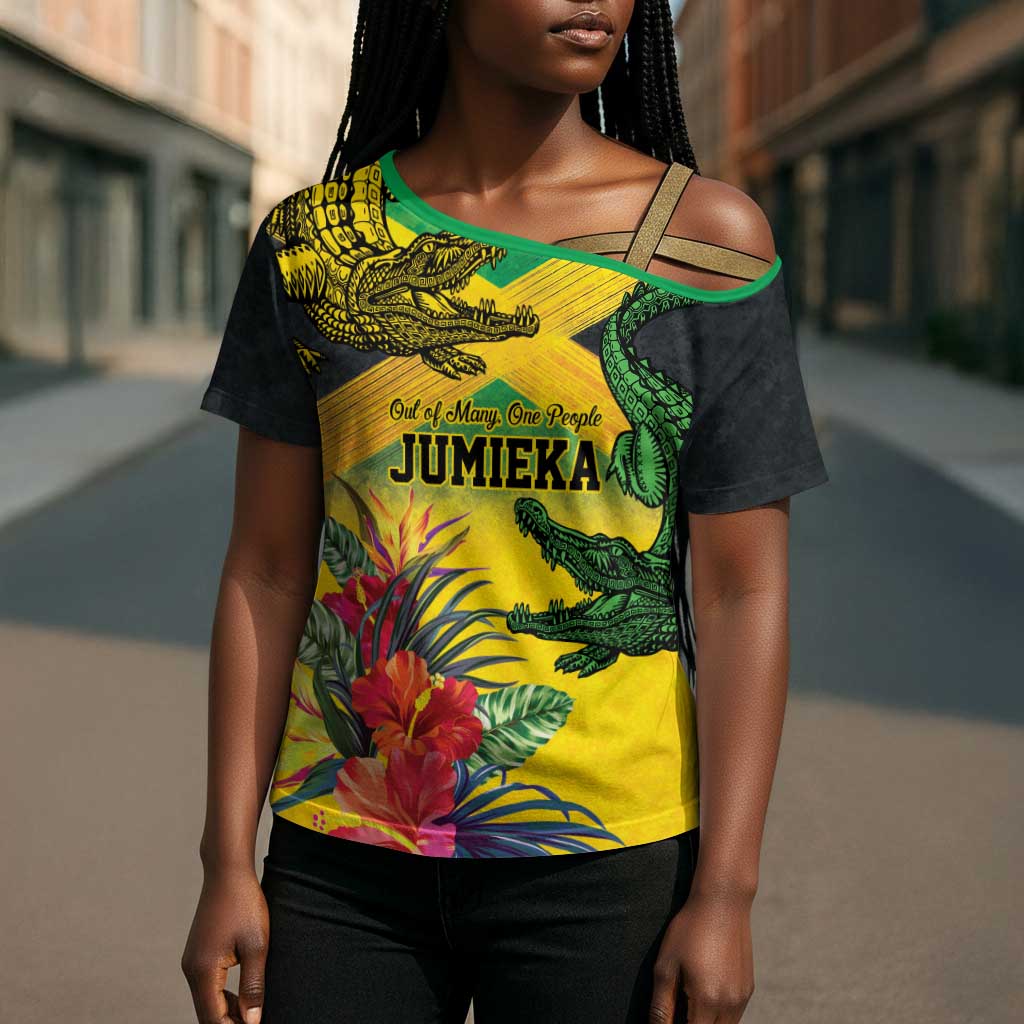 Personalized Black Jamaicans Crocodile Cross Shoulder Shirt Tropical Flowers Grunge Flag