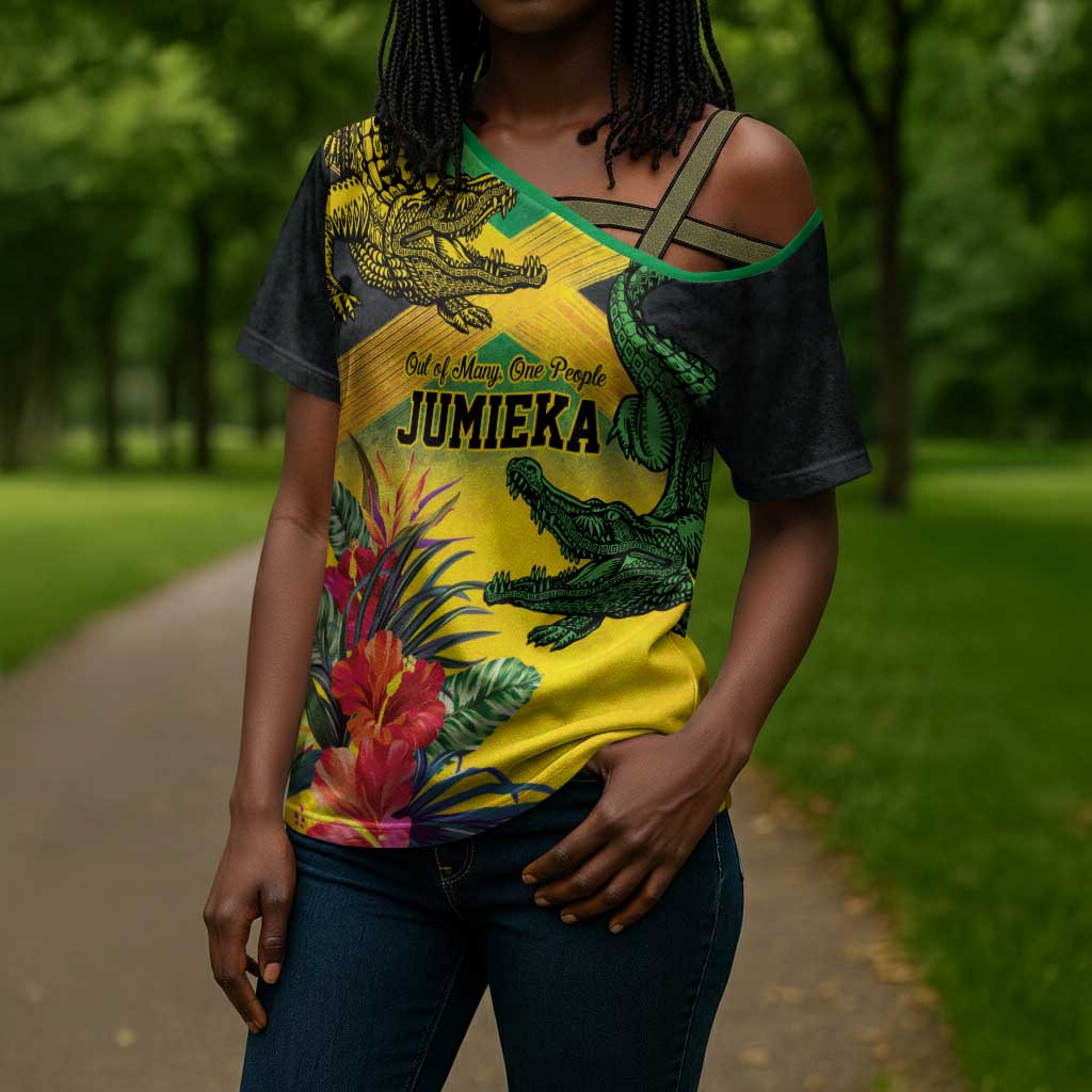 Personalized Black Jamaicans Crocodile Cross Shoulder Shirt Tropical Flowers Grunge Flag