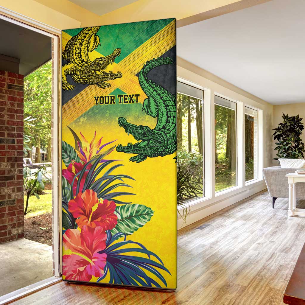 Personalized Black Jamaicans Crocodile Door Cover Tropical Flowers Grunge Flag