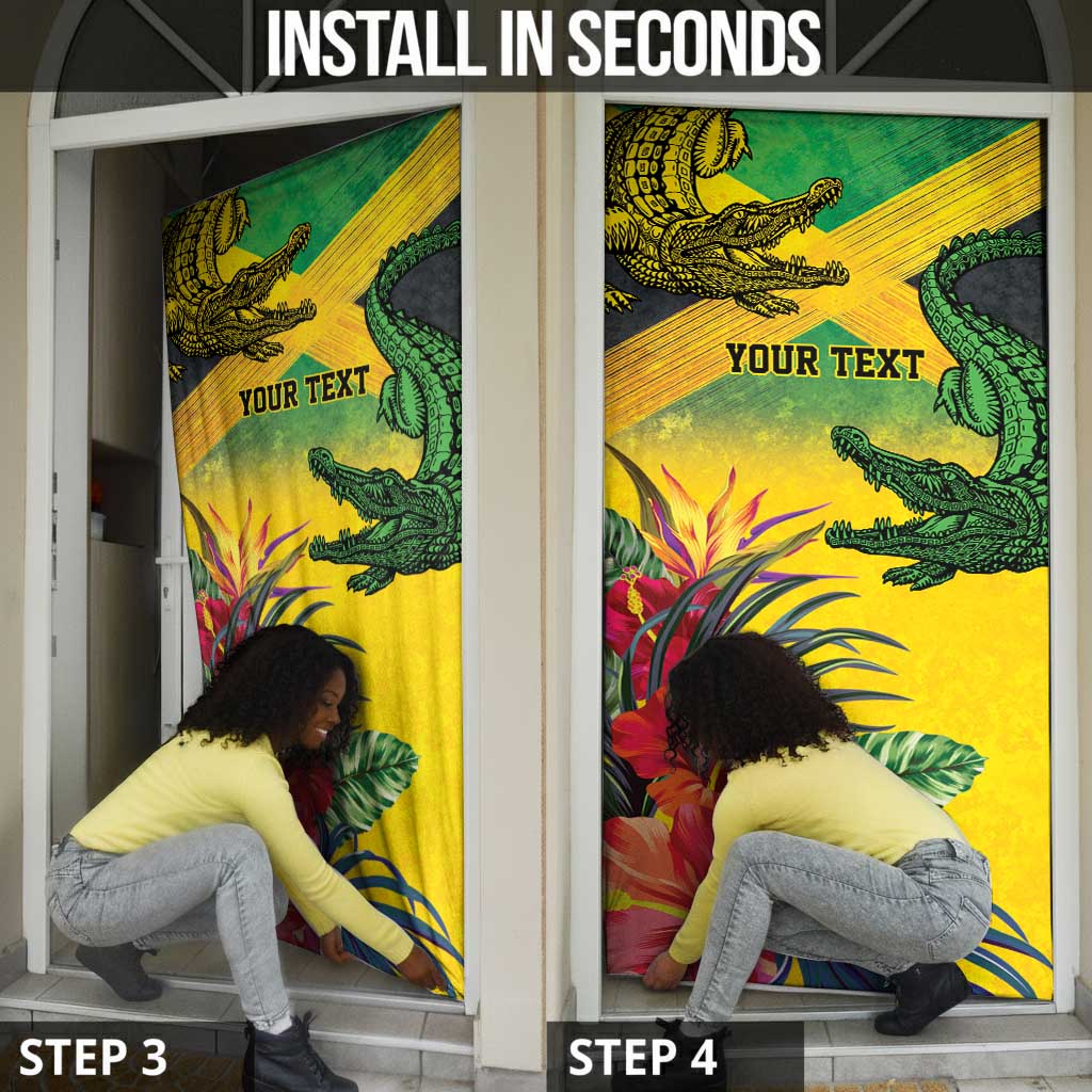 Personalized Black Jamaicans Crocodile Door Cover Tropical Flowers Grunge Flag