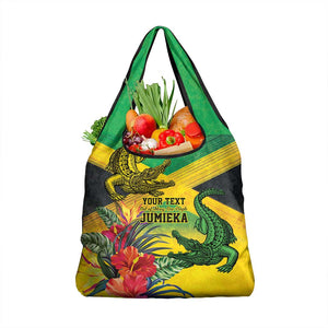 Personalized Black Jamaicans Crocodile Grocery Bag Tropical Flowers Grunge Flag - African Pride
