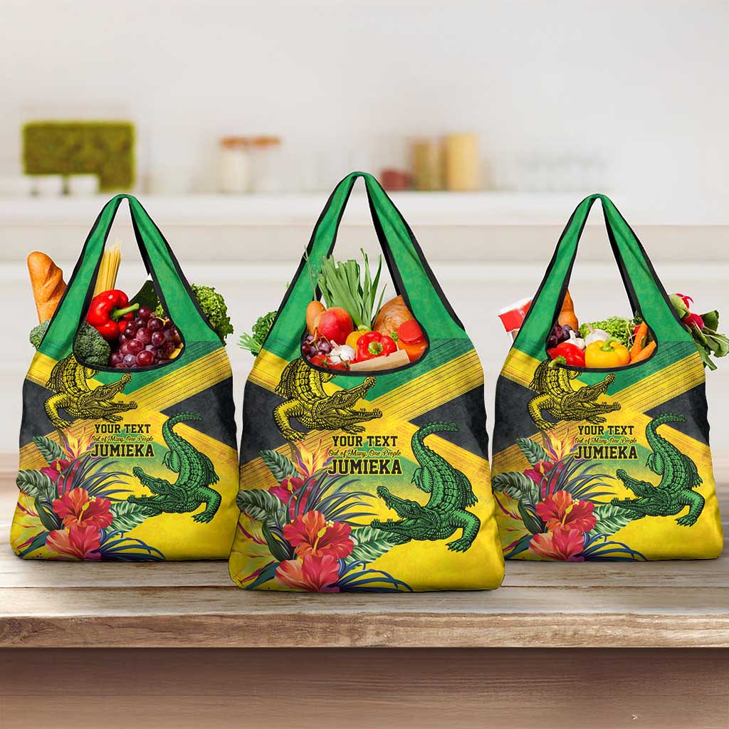 Personalized Black Jamaicans Crocodile Grocery Bag Tropical Flowers Grunge Flag - African Pride