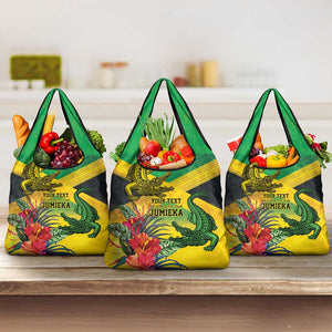 Personalized Black Jamaicans Crocodile Grocery Bag Tropical Flowers Grunge Flag - African Pride