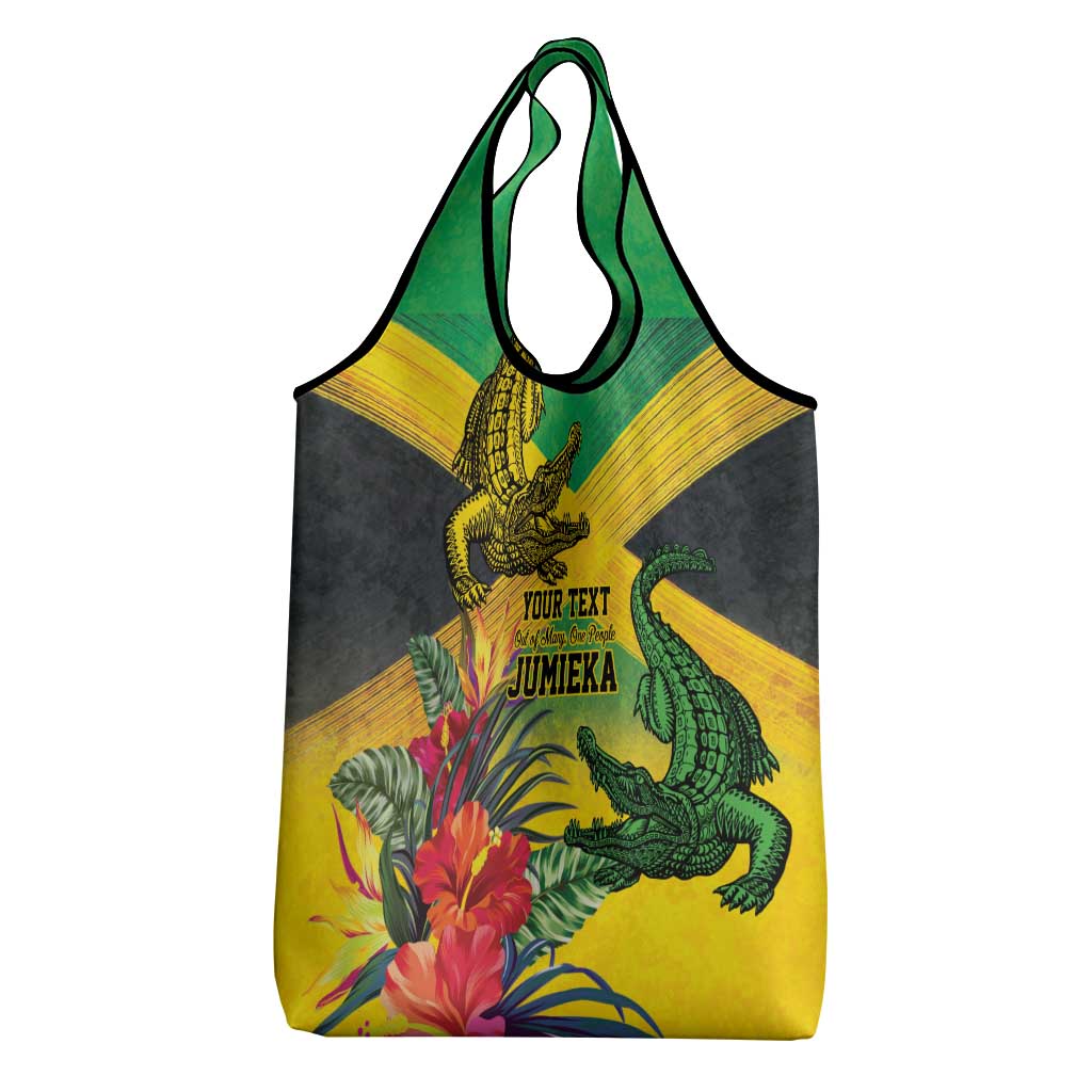 Personalized Black Jamaicans Crocodile Grocery Bag Tropical Flowers Grunge Flag - African Pride