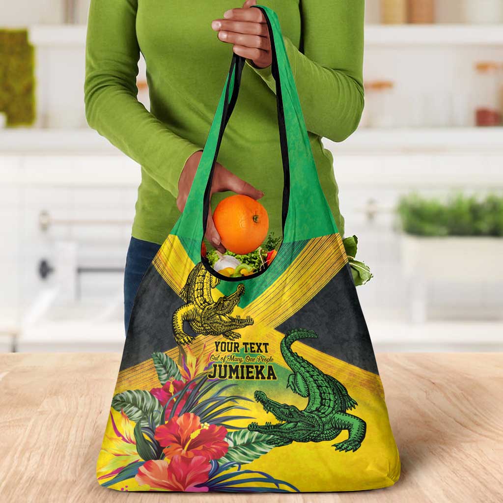 Personalized Black Jamaicans Crocodile Grocery Bag Tropical Flowers Grunge Flag - African Pride