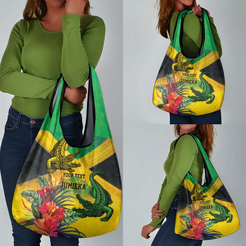 Personalized Black Jamaicans Crocodile Grocery Bag Tropical Flowers Grunge Flag - African Pride