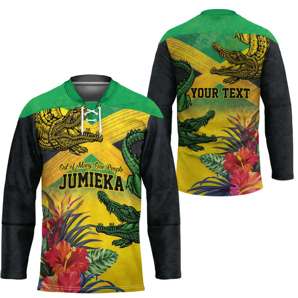 Personalized Black Jamaicans Crocodile Hockey Jersey Tropical Flowers Grunge Flag