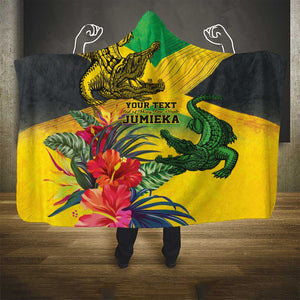 Personalized Black Jamaicans Crocodile Hooded Blanket Tropical Flowers Grunge Flag - African Pride