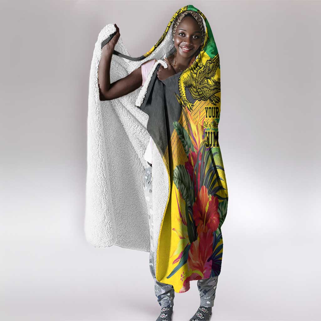 Personalized Black Jamaicans Crocodile Hooded Blanket Tropical Flowers Grunge Flag - African Pride