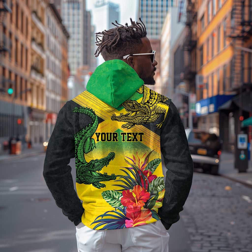 Personalized Black Jamaicans Crocodile Hoodie Tropical Flowers Grunge Flag - African Pride