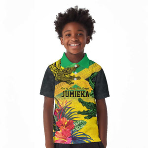 Personalized Black Jamaicans Crocodile Kid Polo Shirt Tropical Flowers Grunge Flag - African Pride