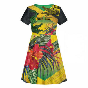 Personalized Black Jamaicans Crocodile Kid Short Sleeve Dress Tropical Flowers Grunge Flag - African Pride