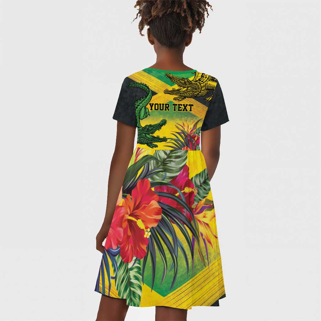 Personalized Black Jamaicans Crocodile Kid Short Sleeve Dress Tropical Flowers Grunge Flag - African Pride