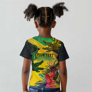 Personalized Black Jamaicans Crocodile Kid T shirt Tropical Flowers Grunge Flag - African Pride