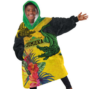 Personalized Black Jamaicans Crocodile Kid Wearable Blanket Hoodie Tropical Flowers Grunge Flag - African Pride