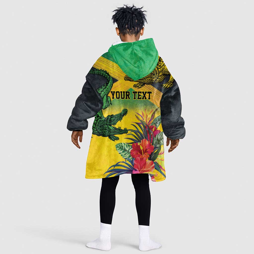 Personalized Black Jamaicans Crocodile Kid Wearable Blanket Hoodie Tropical Flowers Grunge Flag - African Pride