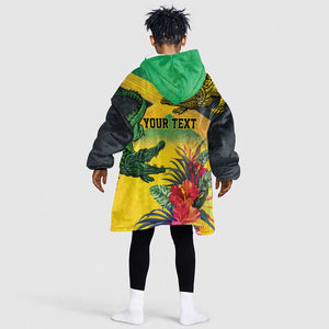 Personalized Black Jamaicans Crocodile Kid Wearable Blanket Hoodie Tropical Flowers Grunge Flag - African Pride