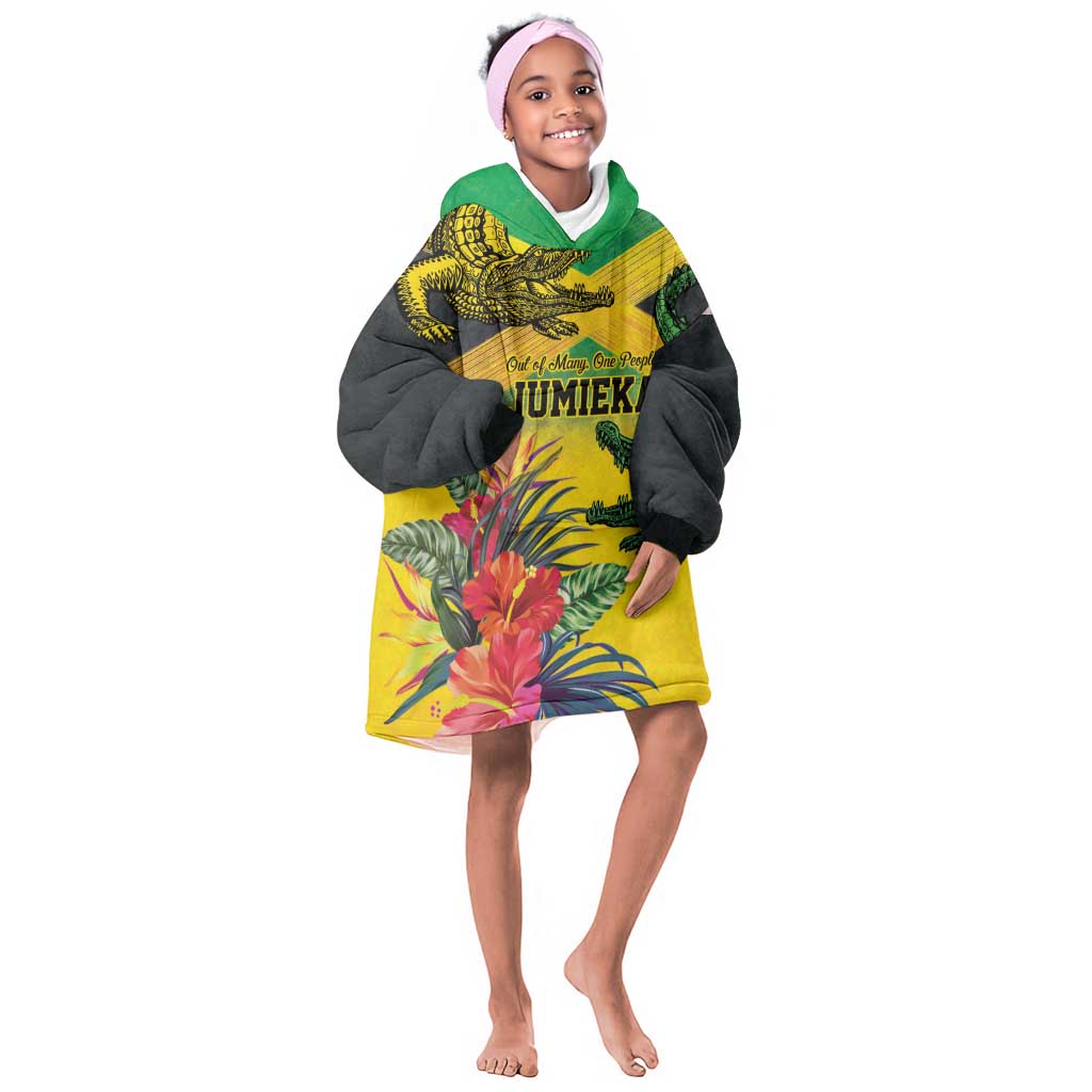 Personalized Black Jamaicans Crocodile Kid Wearable Blanket Hoodie Tropical Flowers Grunge Flag - African Pride