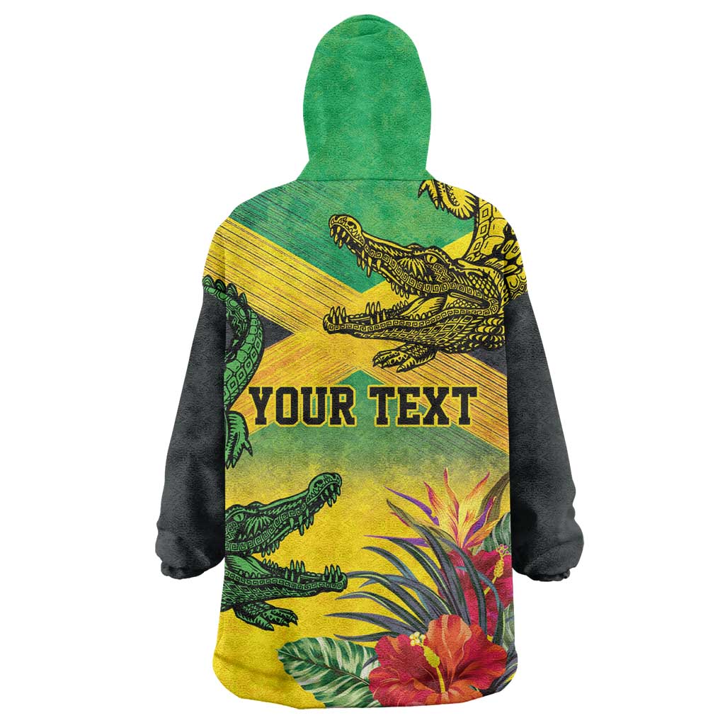 Personalized Black Jamaicans Crocodile Kid Wearable Blanket Hoodie Tropical Flowers Grunge Flag - African Pride