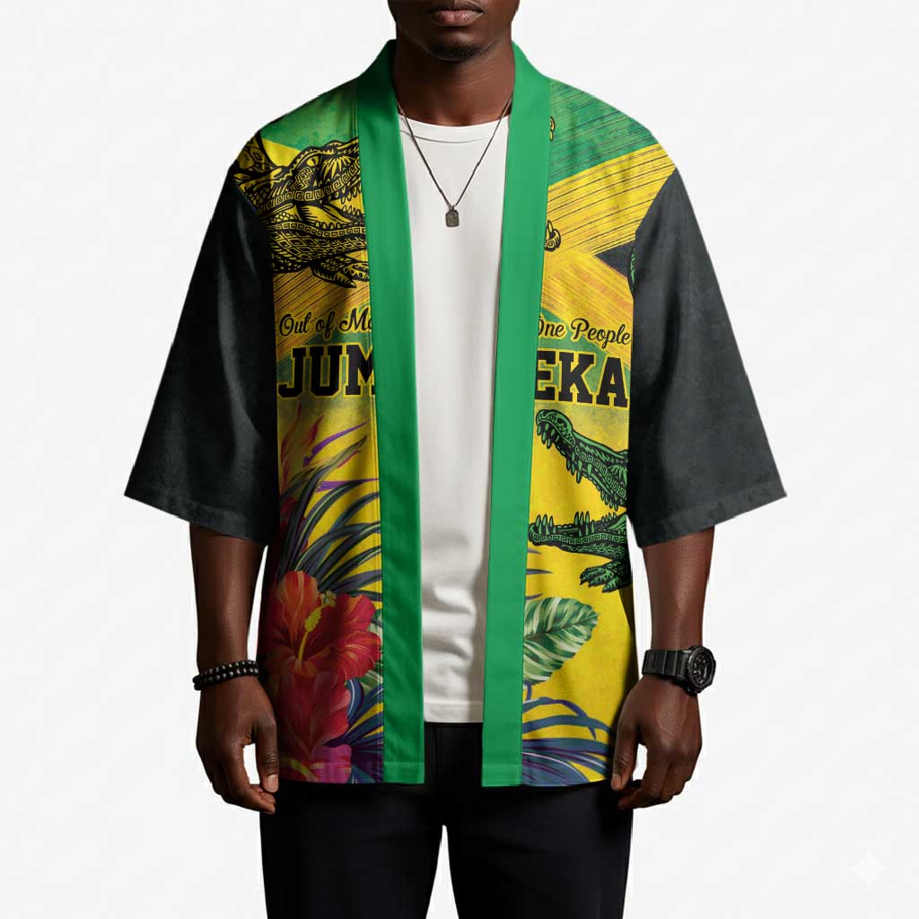 Personalized Black Jamaicans Crocodile Kimono Tropical Flowers Grunge Flag