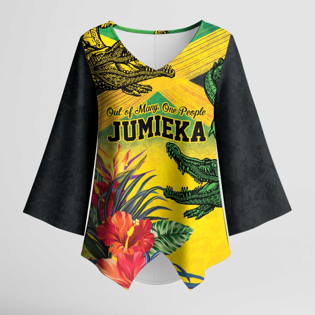 Personalized Black Jamaicans Crocodile Kimono Sleeve Blouse Tropical Flowers Grunge Flag