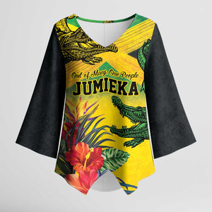 Personalized Black Jamaicans Crocodile Kimono Sleeve Blouse Tropical Flowers Grunge Flag