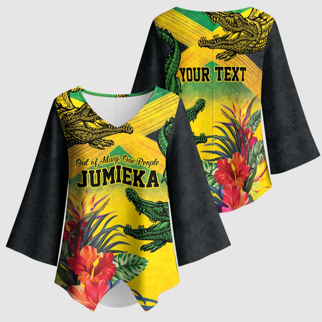 Personalized Black Jamaicans Crocodile Kimono Sleeve Blouse Tropical Flowers Grunge Flag