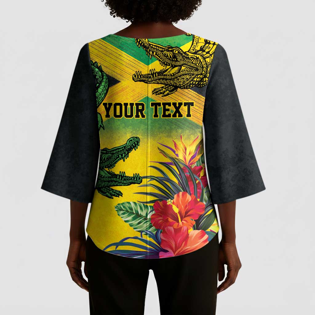Personalized Black Jamaicans Crocodile Kimono Sleeve Blouse Tropical Flowers Grunge Flag
