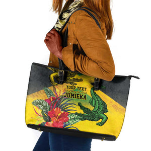 Personalized Black Jamaicans Crocodile Leather Tote Bag Tropical Flowers Grunge Flag - African Pride