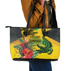 Personalized Black Jamaicans Crocodile Leather Tote Bag Tropical Flowers Grunge Flag - African Pride