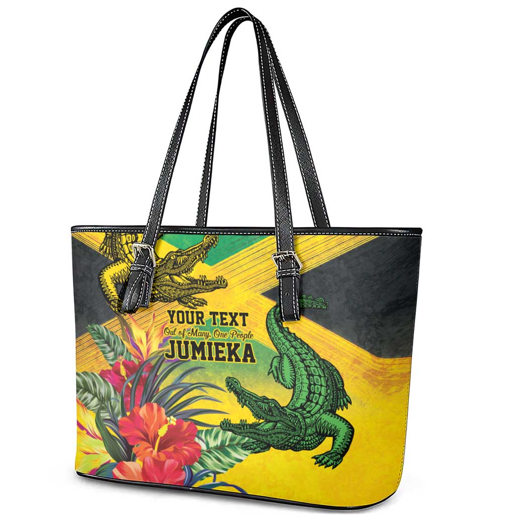 Personalized Black Jamaicans Crocodile Leather Tote Bag Tropical Flowers Grunge Flag - African Pride