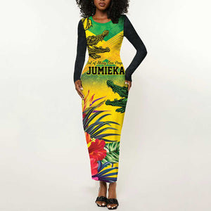 Personalized Black Jamaicans Crocodile Long Sleeve Bodycon Dress Tropical Flowers Grunge Flag - African Pride
