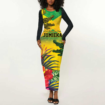 Personalized Black Jamaicans Crocodile Long Sleeve Bodycon Dress Tropical Flowers Grunge Flag - African Pride