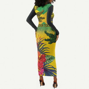 Personalized Black Jamaicans Crocodile Long Sleeve Bodycon Dress Tropical Flowers Grunge Flag - African Pride