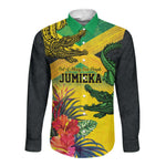 Personalized Black Jamaicans Crocodile Long Sleeve Button Shirt Tropical Flowers Grunge Flag - African Pride