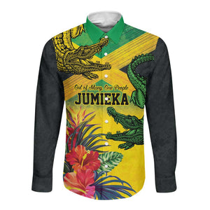 Personalized Black Jamaicans Crocodile Long Sleeve Button Shirt Tropical Flowers Grunge Flag - African Pride