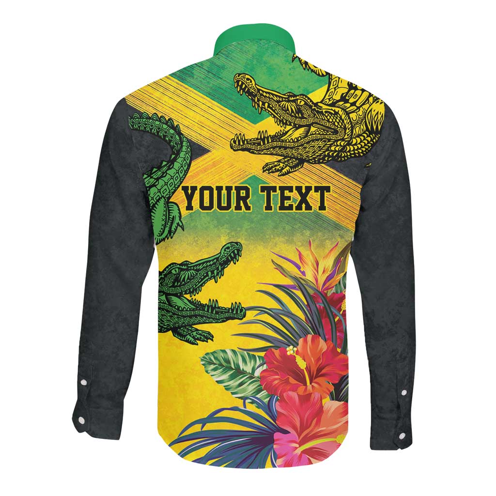 Personalized Black Jamaicans Crocodile Long Sleeve Button Shirt Tropical Flowers Grunge Flag - African Pride