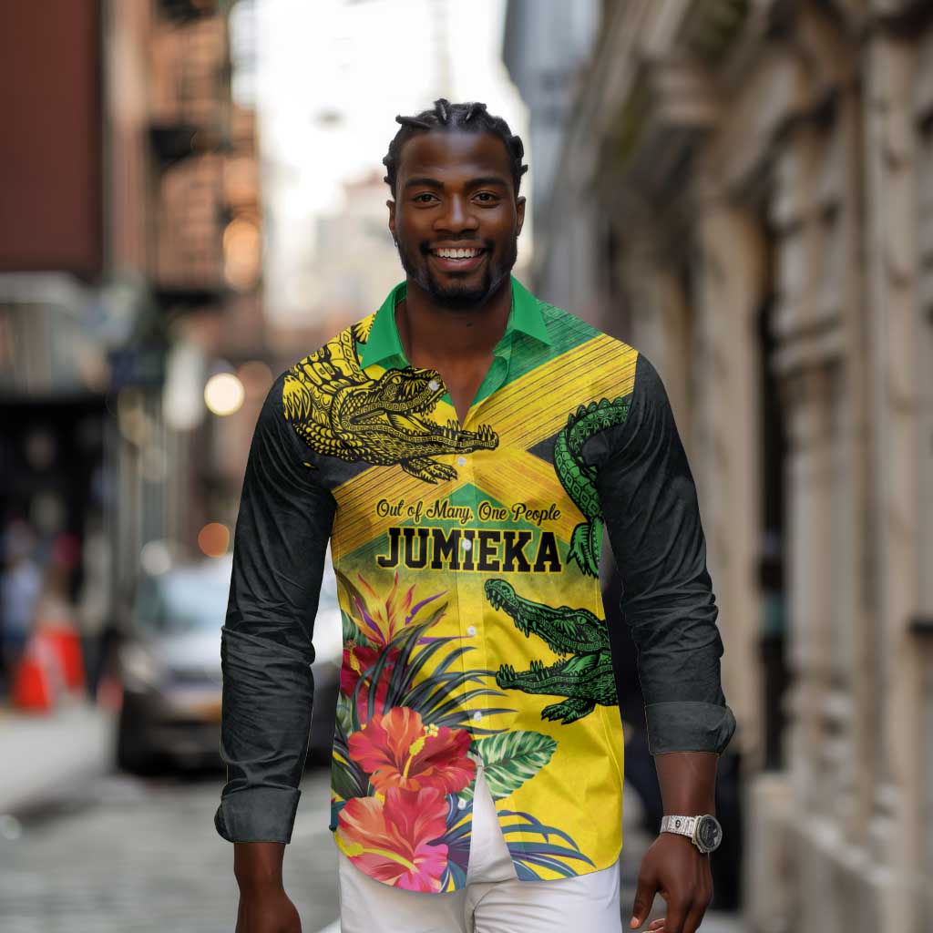 Personalized Black Jamaicans Crocodile Long Sleeve Button Shirt Tropical Flowers Grunge Flag - African Pride