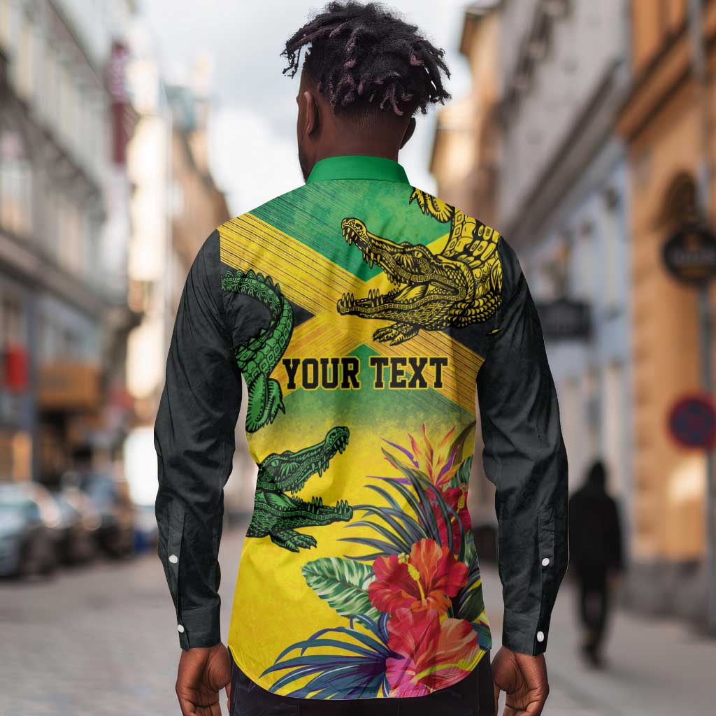 Personalized Black Jamaicans Crocodile Long Sleeve Button Shirt Tropical Flowers Grunge Flag - African Pride