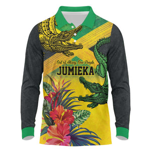 Personalized Black Jamaicans Crocodile Long Sleeve Polo Shirt Tropical Flowers Grunge Flag - African Pride