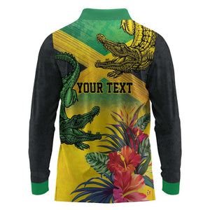 Personalized Black Jamaicans Crocodile Long Sleeve Polo Shirt Tropical Flowers Grunge Flag - African Pride