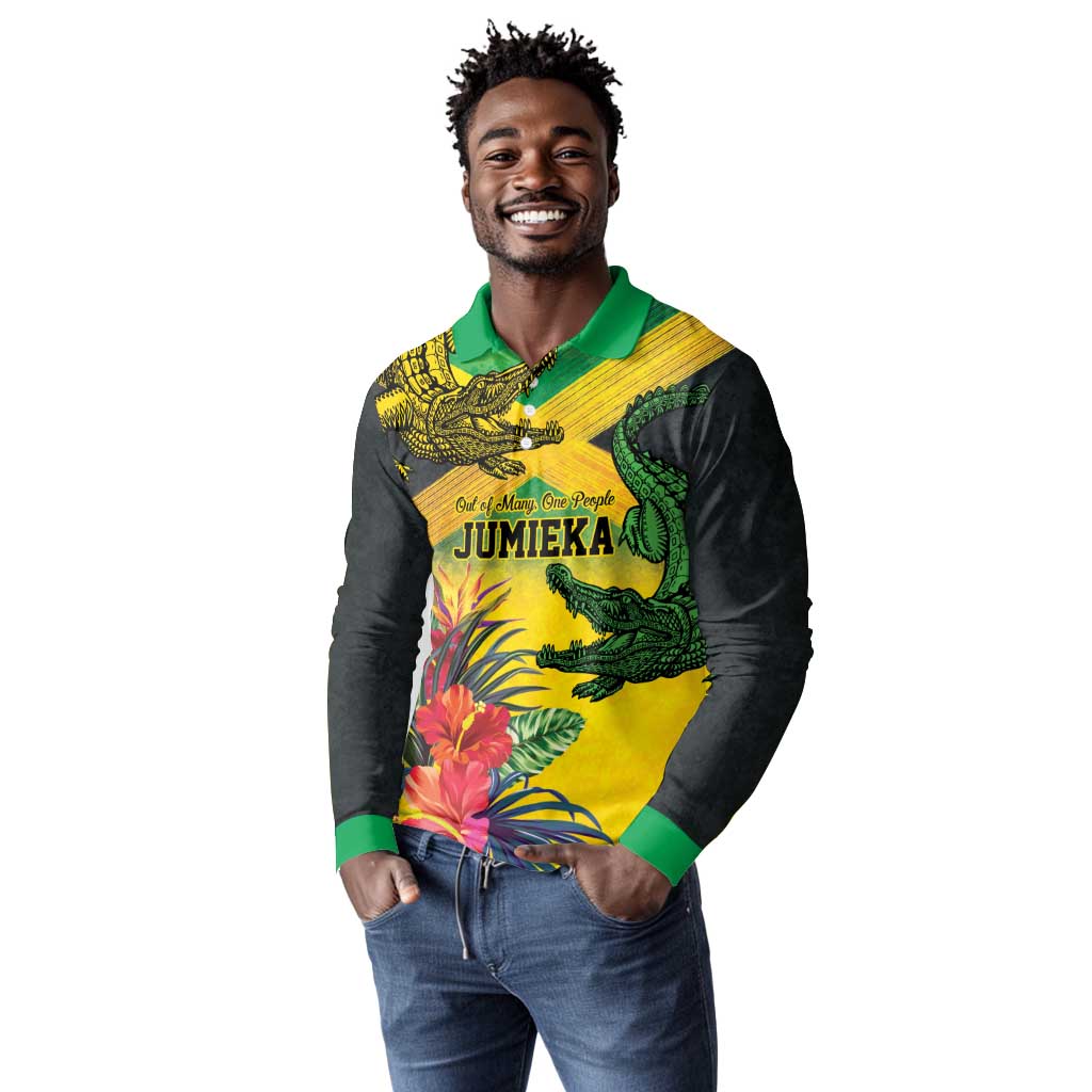 Personalized Black Jamaicans Crocodile Long Sleeve Polo Shirt Tropical Flowers Grunge Flag - African Pride