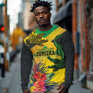 Personalized Black Jamaicans Crocodile Long Sleeve Shirt Tropical Flowers Grunge Flag - African Pride