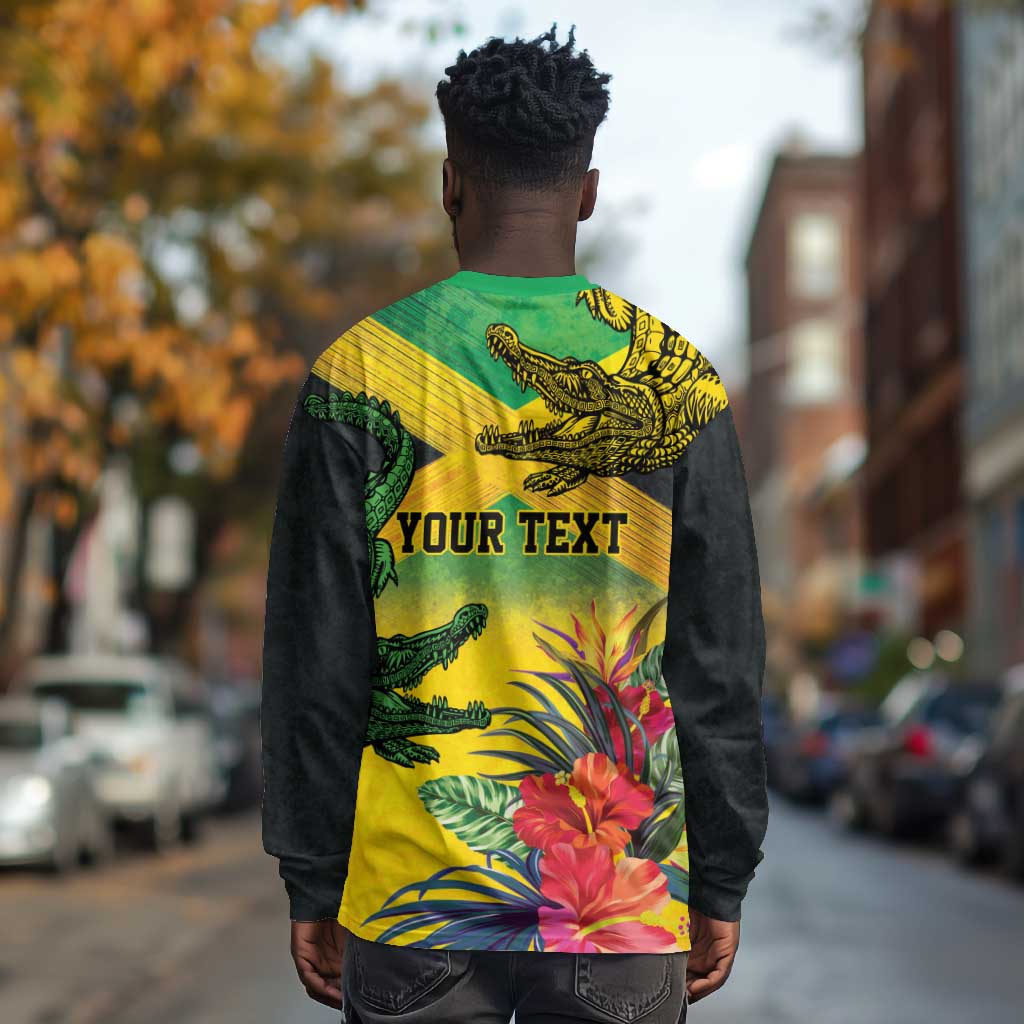 Personalized Black Jamaicans Crocodile Long Sleeve Shirt Tropical Flowers Grunge Flag - African Pride